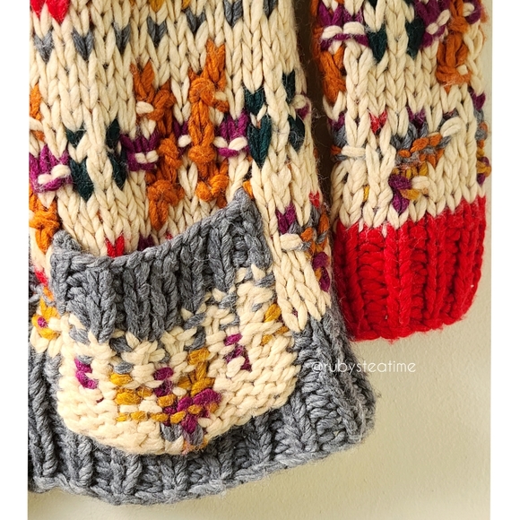 Chunky Knit Boho Neo Fairisle Cardigan Sweater, Wooden Toggle Buttons, ANTHRO - Picture 7 of 16